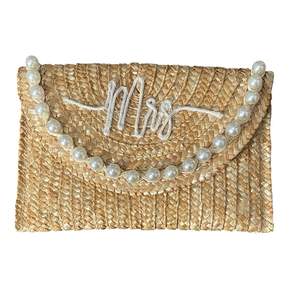 Shiraleah Perla "Mrs" Natural Straw & Pearl Clutch Bride-to-be Wedding Honeymoon